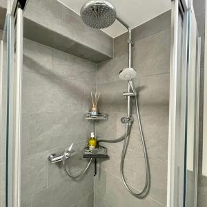 a shower with a shower head in a bathroom at Chalet Im Wieselti in Langwies