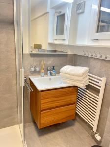 ein Bad mit einem Waschbecken und einer Dusche in der Unterkunft Chalet Im Wieselti in Langwies