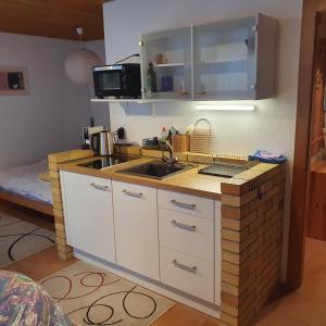 uma pequena cozinha com um lavatório e um micro-ondas em LES RHODOS 1 em Les Crosets