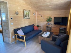 a living room with a blue couch and a tv at la Cibourg, Centre de vacances in Renan