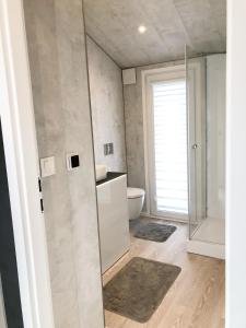 uma casa de banho com um WC, um lavatório e um chuveiro em Luxus Ferien-Lodge Lurger-Fasching em Rohrbach An Der Gölsen