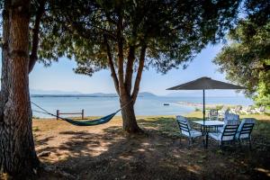 uma rede de descanso e cadeiras sob duas árvores com vista para a água em Kiani Akti Villas em Preveza
