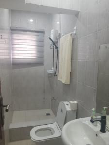 a small bathroom with a toilet and a sink at SBJ Place East Legon in Accra