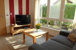 a living room with a couch and a tv at Ferienhaus Gruebsch in Zempin