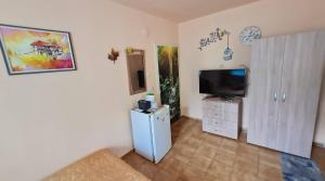 a living room with a flat screen tv and a small refrigerator at Sadala Guest House in Nesebar