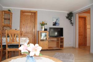 a living room with a tv on a wooden cabinet at Wohnen unter dem Rohrdach in Zempin