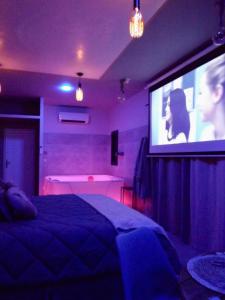 um quarto com uma cama e um ecrã de projecção em La Suite Côté Pool-House Piscine, Sauna & Jacuzzi privatifs em Istres