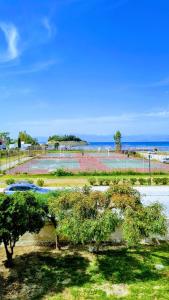 a view of a tennis court with trees and the ocean at Anna Garden Sidari in Sidari