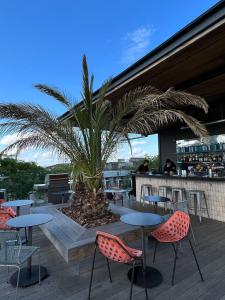 een patio met tafels en stoelen en een palmboom bij Brik Hotel in Odessa