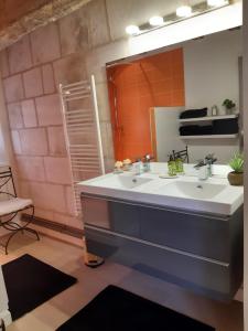 a bathroom with a sink and a mirror at Agréables chambres d'hôtes dans maison XVIIIe in Vineuil