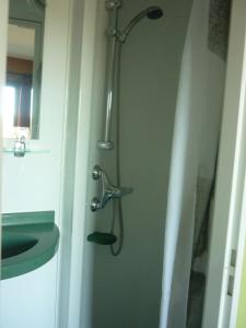 a shower in a bathroom next to a sink at Hotel Restaurant La Chaumiere du Lac in Clairvaux-les-Lacs +30 photos
