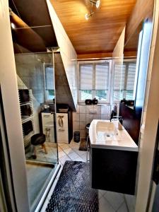 a bathroom with a sink and a glass window at Ferienwohnung an der Barlter Mühle im ersten OG Nähe Nordsee in Barlt