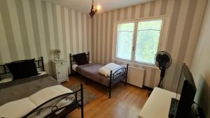 mała sypialnia z dwoma łóżkami i oknem w obiekcie La Préférence w mieście Saint-Aignan