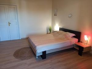 a bedroom with a large bed and a table with lamps at Chez Laurette Murato in Murato