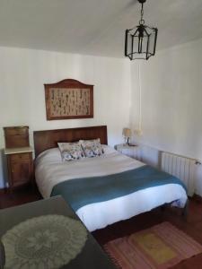 a bedroom with a large bed and a chandelier at Alojamiento Rural La Noria in Cortegana