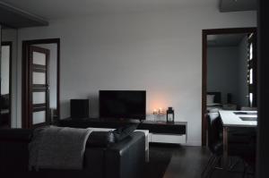 a living room with a couch and a television at Apartment in the City Center - FREE PARKING - easy check-in in Chorzów