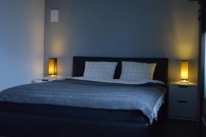 een slaapkamer met een bed met twee lampen erop bij Apartment in the City Center - FREE PARKING - easy check-in in Chorzów