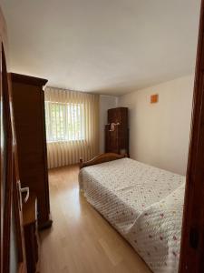 une chambre avec un lit et une grande fenêtre dans l'établissement Apartament Clemy, à Jurilovca