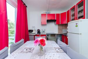 eine Küche mit einem Tisch und einer Blumenvase darauf in der Unterkunft Apartments Opsenica in Barbat na Rabu