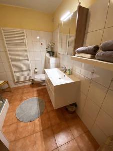 een badkamer met een witte wastafel en een toilet bij Ferienwohnung Chris in Braunlage