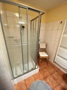 een glazen douche in een badkamer met een stoel bij Ferienwohnung Chris in Braunlage