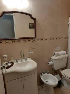 a bathroom with a sink and a toilet and a mirror at Apart Boutique Flor de Lis - con cochera- in Santa Fe