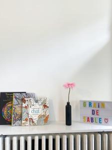 un estante con libros y una flor en un jarrón en Le Grain de Sable, en Thionville