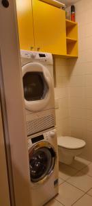 a washer and dryer in a bathroom with a toilet at Rozmarin Bled in Bled +15 photos