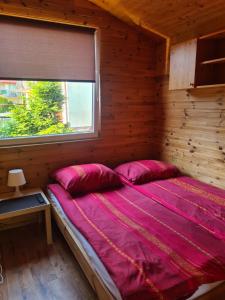 a bed in a wooden room with a window at u Anny Pionierów 8B in Mielno