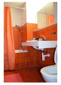 a bathroom with a sink and a mirror and a toilet at Ferienwohnung Engelberg in Engelberg