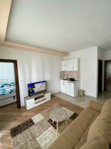 uma sala de estar com um sofá, uma televisão e uma mesa em Apartments Albin em Ulcinj