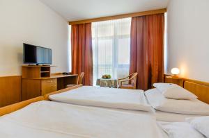 a hotel room with two beds and a tv at Hotel Kotyza in Humpolec