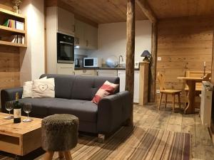 salon z kanapą i kuchnią w obiekcie La cabane de Blanche entre lac et montagne w mieście Verchères