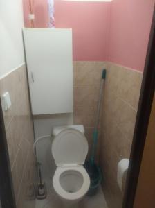 a bathroom with a toilet with a broom and a plunger at Byt 2+1 s balkonem in Vsetín