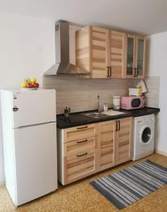 a kitchen with a white refrigerator and a sink at Tiny House Dolomiti in Sovramonte