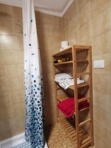 a bathroom with a wooden shelf and a shower curtain at Tiny House Dolomiti in Sovramonte