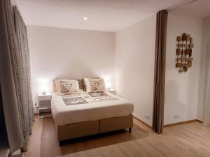 een slaapkamer met een bed met 2 kussens erop bij Dunes et Mer - Terrace, garden and free parking space in Oostende