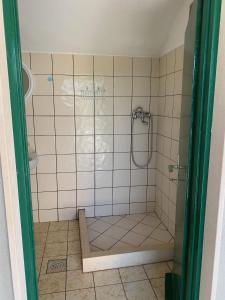 a bathroom with a shower with a tiled floor at House Ivica in Postira