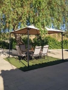 stół i krzesła pod parasolem na trawie w obiekcie La Casa del Sauce w mieście Archidona