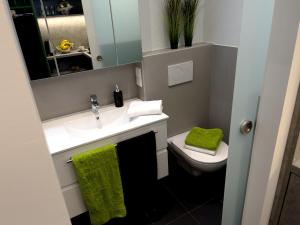 a bathroom with a sink and a toilet and a mirror at City Appartements Villach in Villach