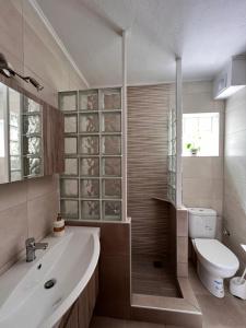 a bathroom with a tub and a toilet and a sink at Verano house in Néa Tríglia