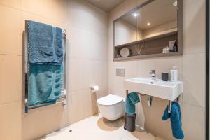 ein Badezimmer mit Waschbecken, Toilette und Spiegel in der Unterkunft Entire 2 Bed - Free Parking - No. 35 - The Cosy Collection Ltd in York