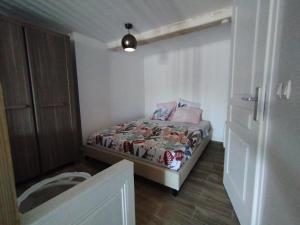 een kleine slaapkamer met een bed en een kast bij Trévoux: loft ravissant avec terrasse in Trévoux