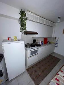 a kitchen with a white refrigerator and a stove at The square in Mariaí