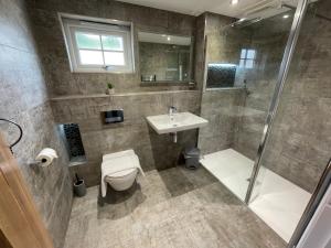 ein Badezimmer mit Dusche, Toilette und Waschbecken in der Unterkunft Sunnyside Cow Shed one bedroom central Cornwall in Truro + 7 Fotos