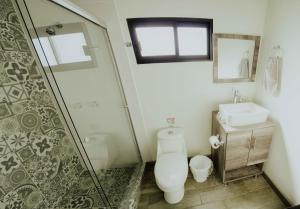 a bathroom with a shower and a toilet and a sink at Villas La Morita Valle de Guadalupe in Valle de Guadalupe