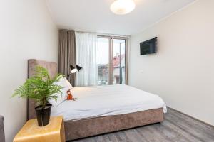 a bedroom with a bed with a plant and a window at Aisa 39 Apartments in Pärnu