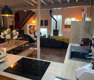 cocina y sala de estar con fogones en Le QG 28, en Nonvilliers-Grandhoux