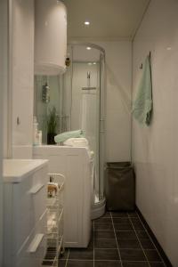 a white bathroom with a shower and a toilet at Light Sentral Apartment Ålesund in Ålesund