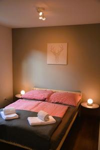 1 dormitorio con 1 cama con 2 toallas en Mayers Swiss House, private home for 2-6 guests, en Matten